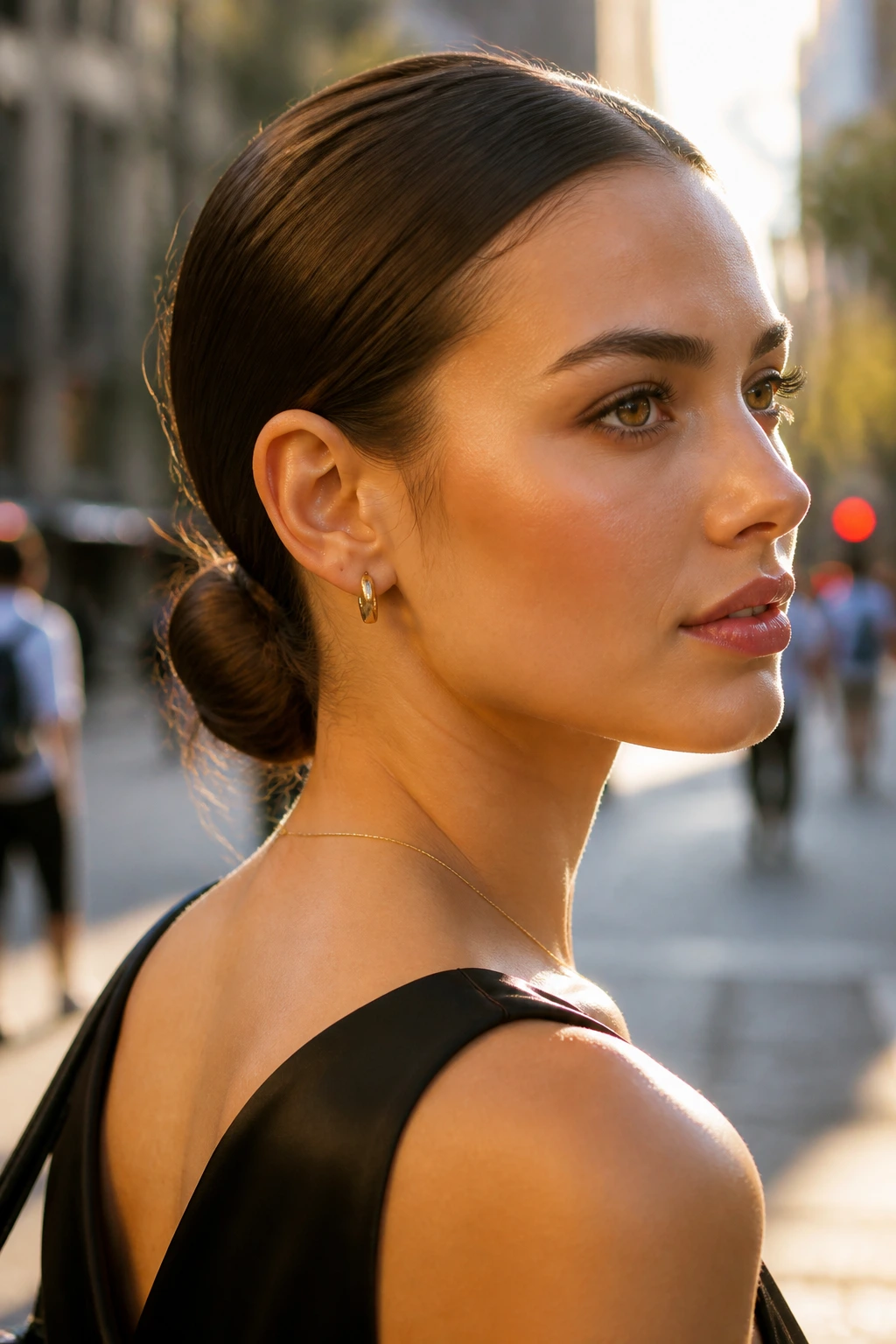 Close-up of a real woman with a sculpted low knot ponytail at the nape outdoors.