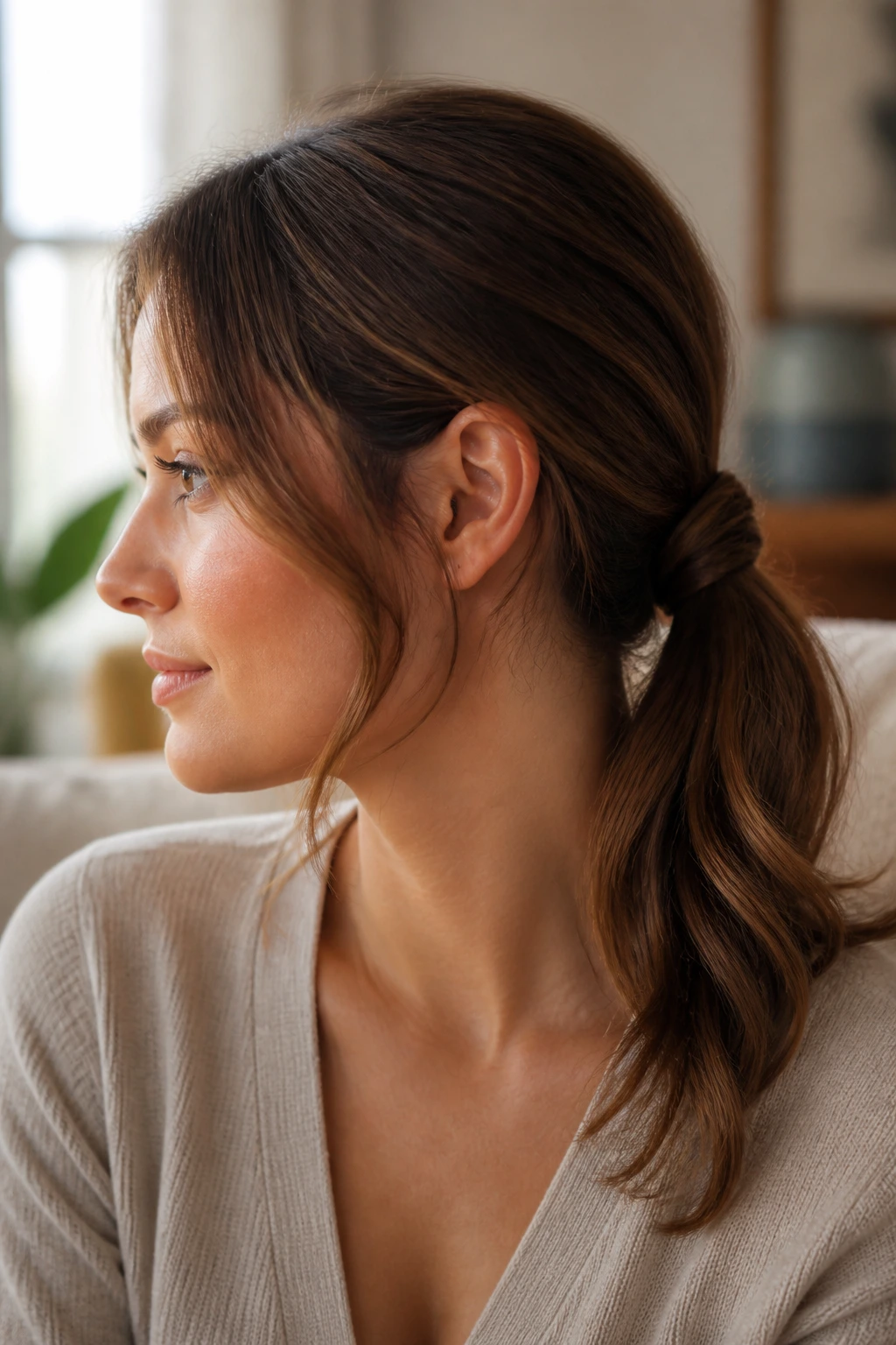 Close-up of a real woman wearing an everyday low knot ponytail with soft ends in warm window light