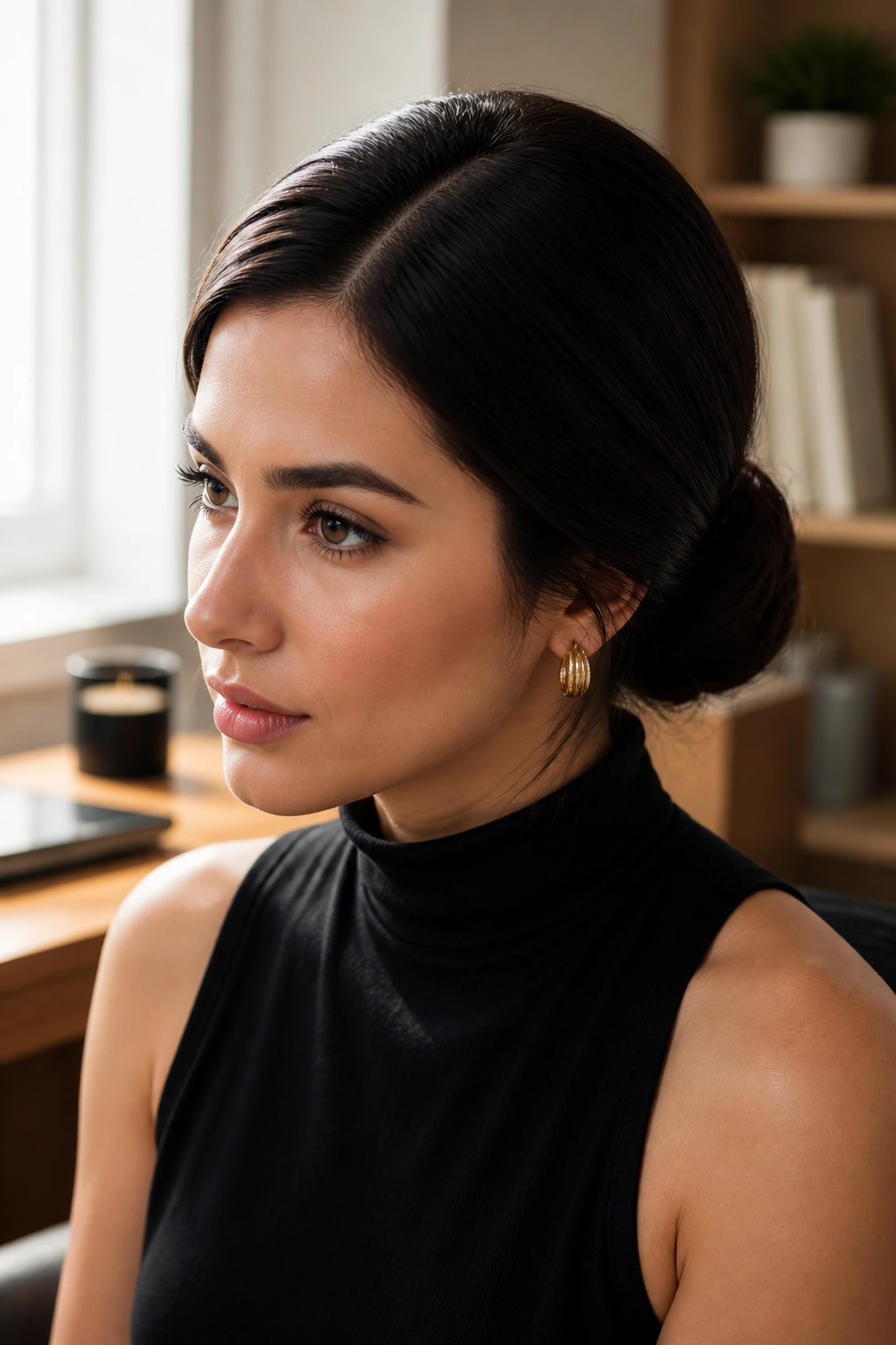 Close-up of a real woman with a low knot and side part in natural light