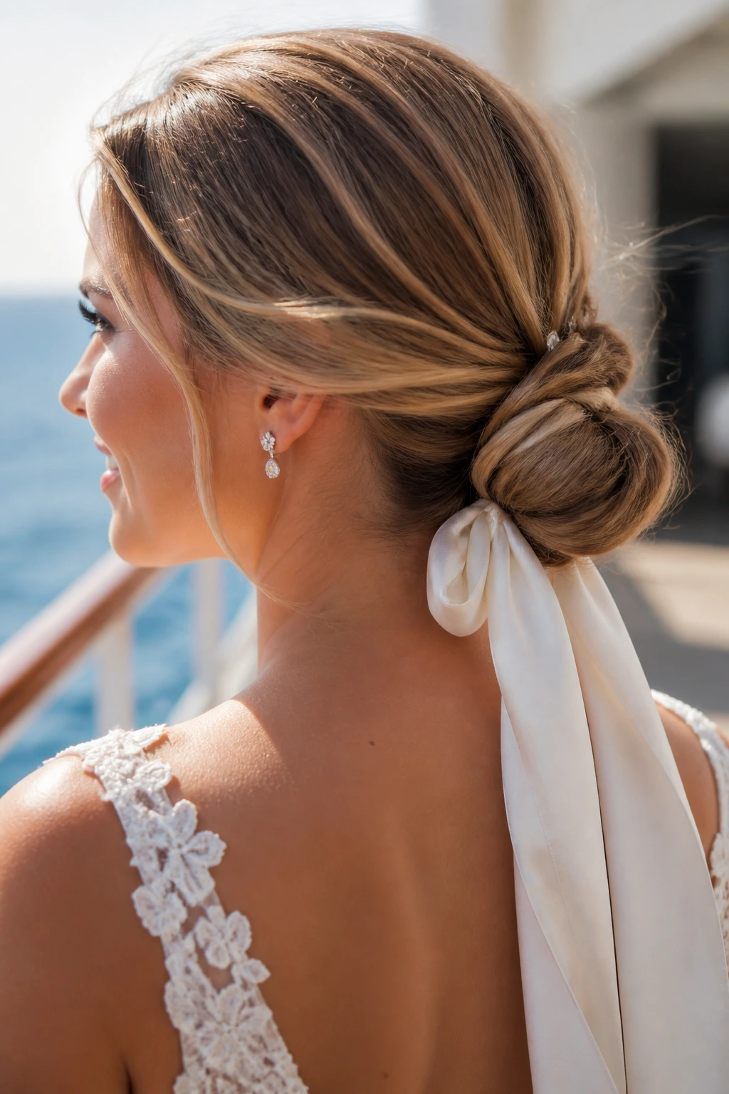 Close-up of a real bride's low knot hairstyle at the nape with silk ribbon on a cruise deck
