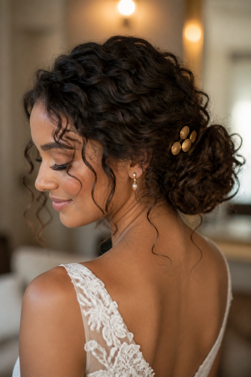 Close-up of a real bride with a low knot and loose tendrils
