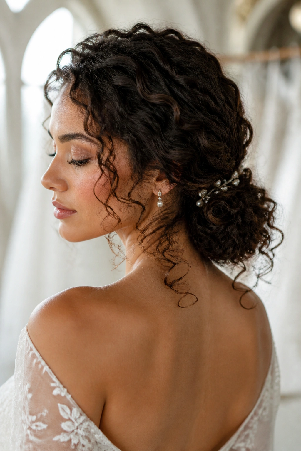 Close-up of a real bride with a curly low knot and textured ends