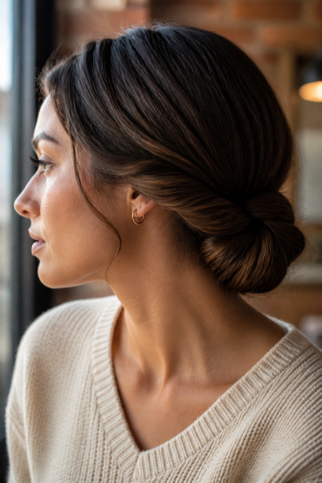 Close-up of a real woman with a low knot twist bun at the nape