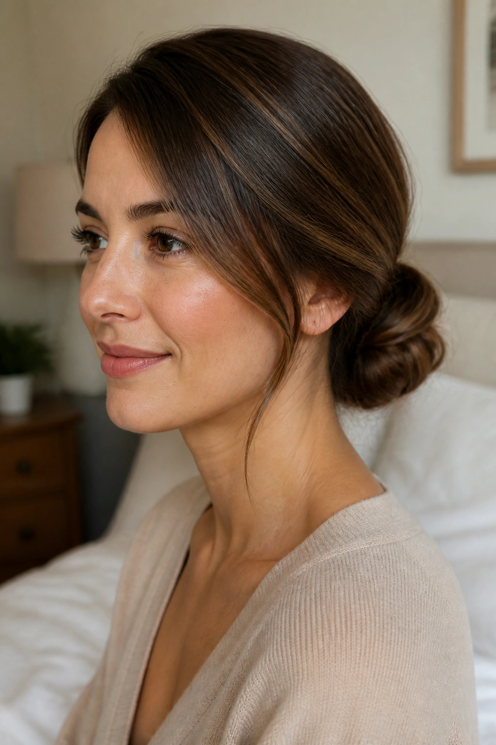 Close-up portrait of a real woman with a low knot at the nape, soft side part.