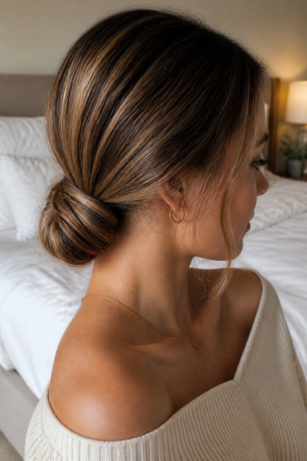Close-up of a real woman with a low knot and wrapped strand at the nape in soft bedroom light.