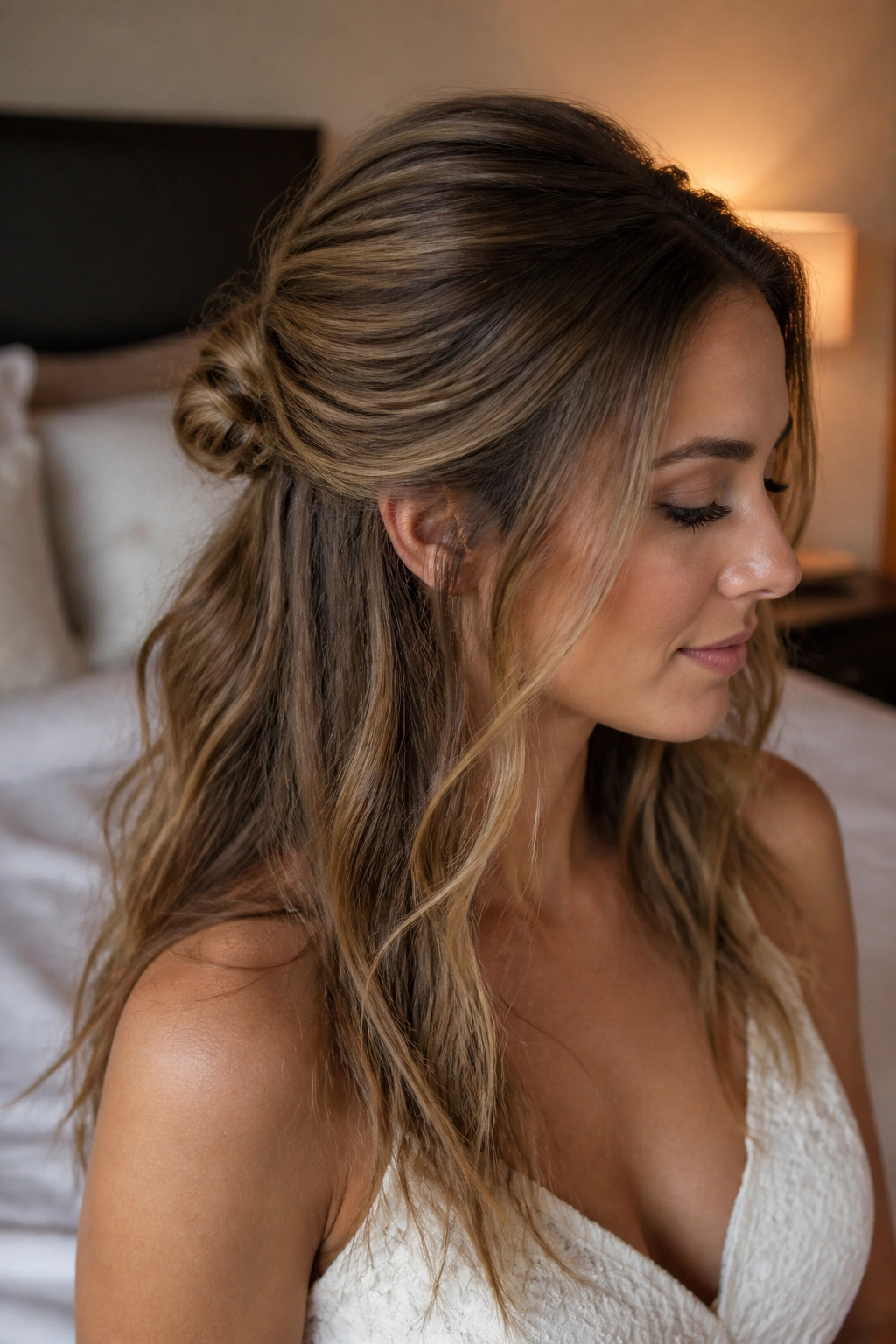 Close-up of a real woman with a low knotted half-up hairstyle