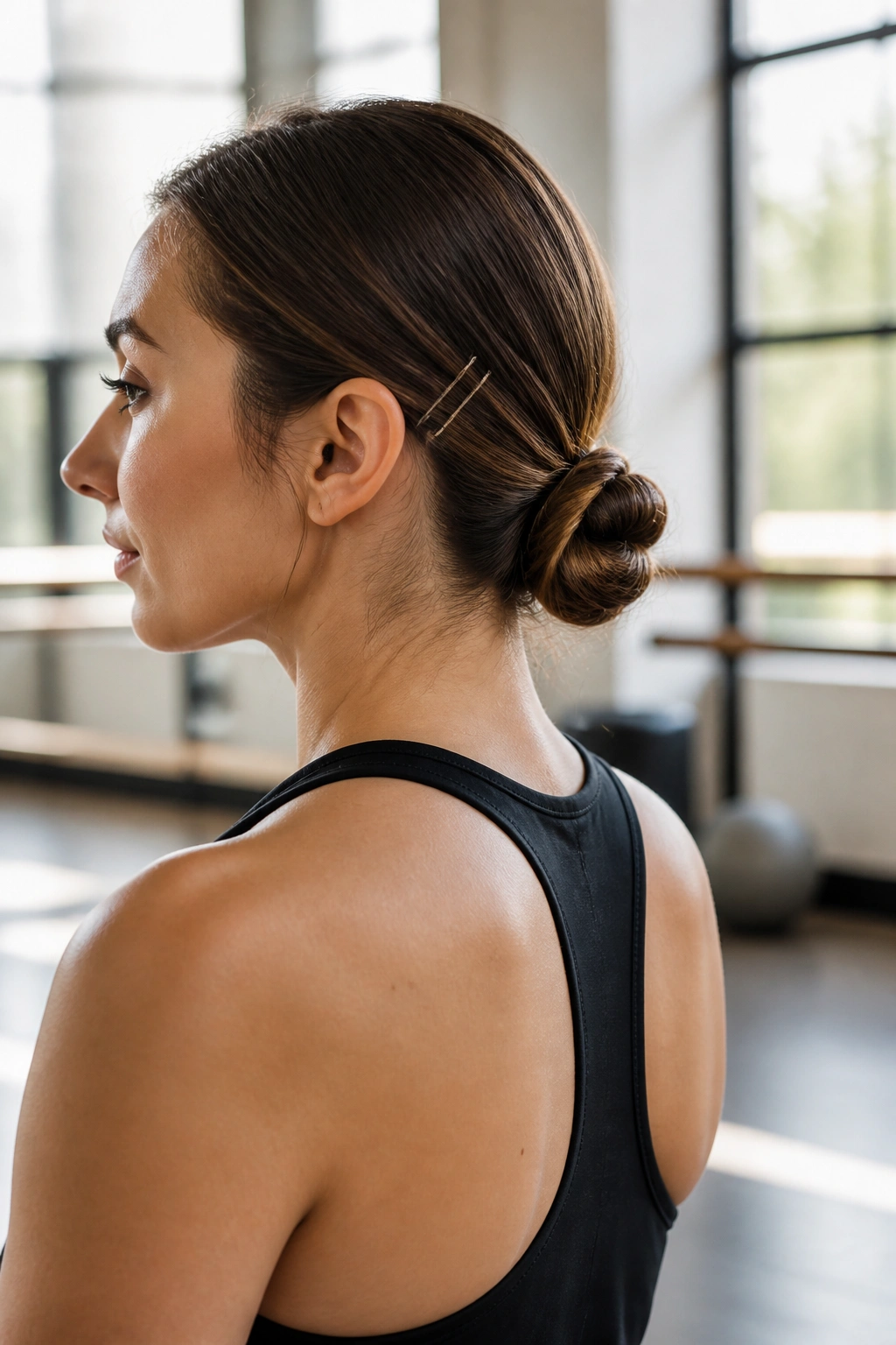 Close-up of real woman with low loop bun in gym lighting