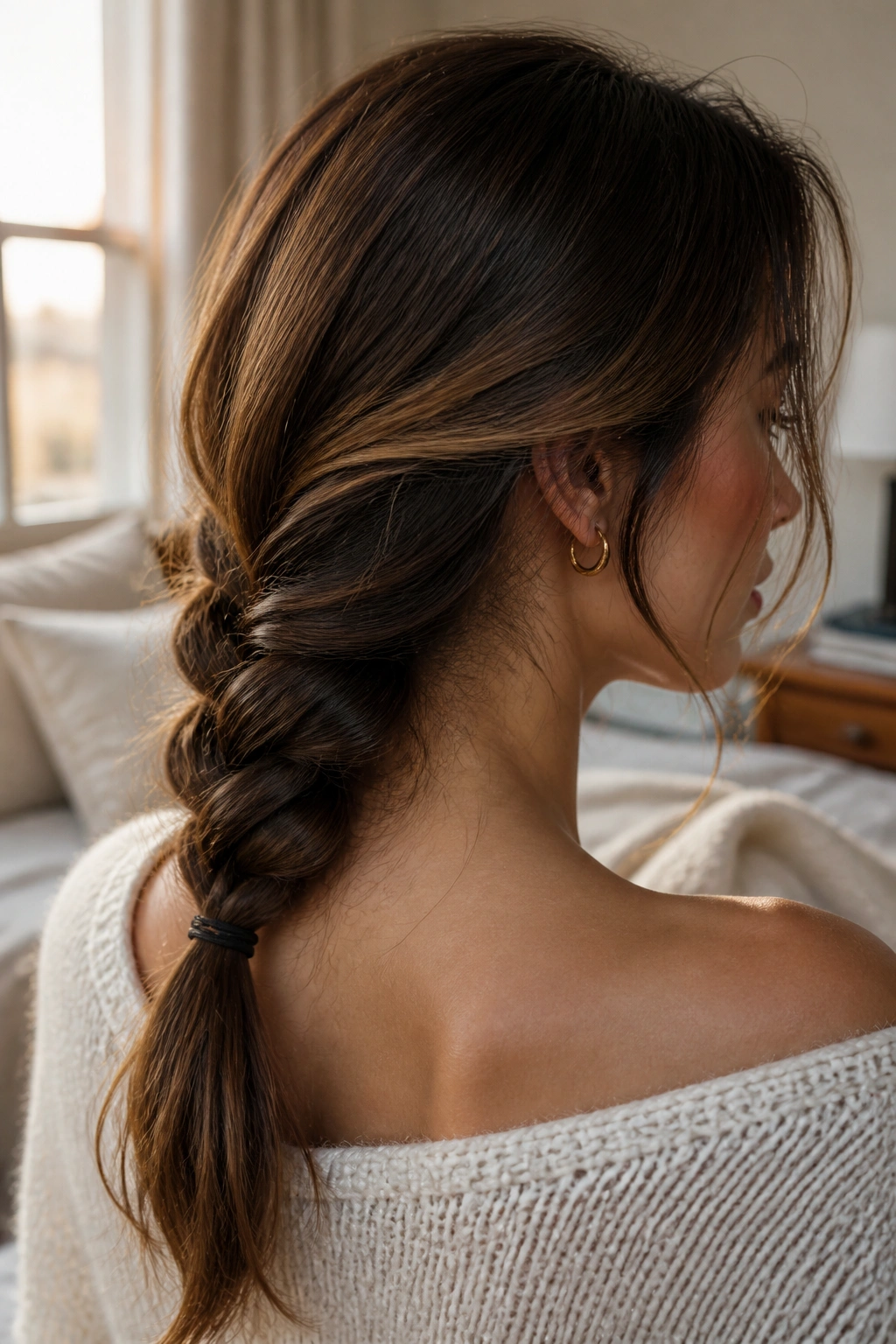 Close-up of a low loose braid at the nape on a real woman in a cozy bedroom.