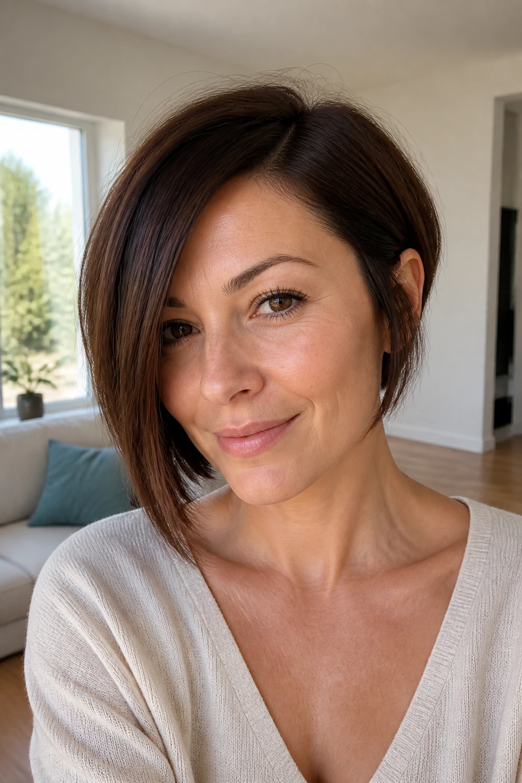 Real woman with low-maintenance asymmetric bob for thin hair