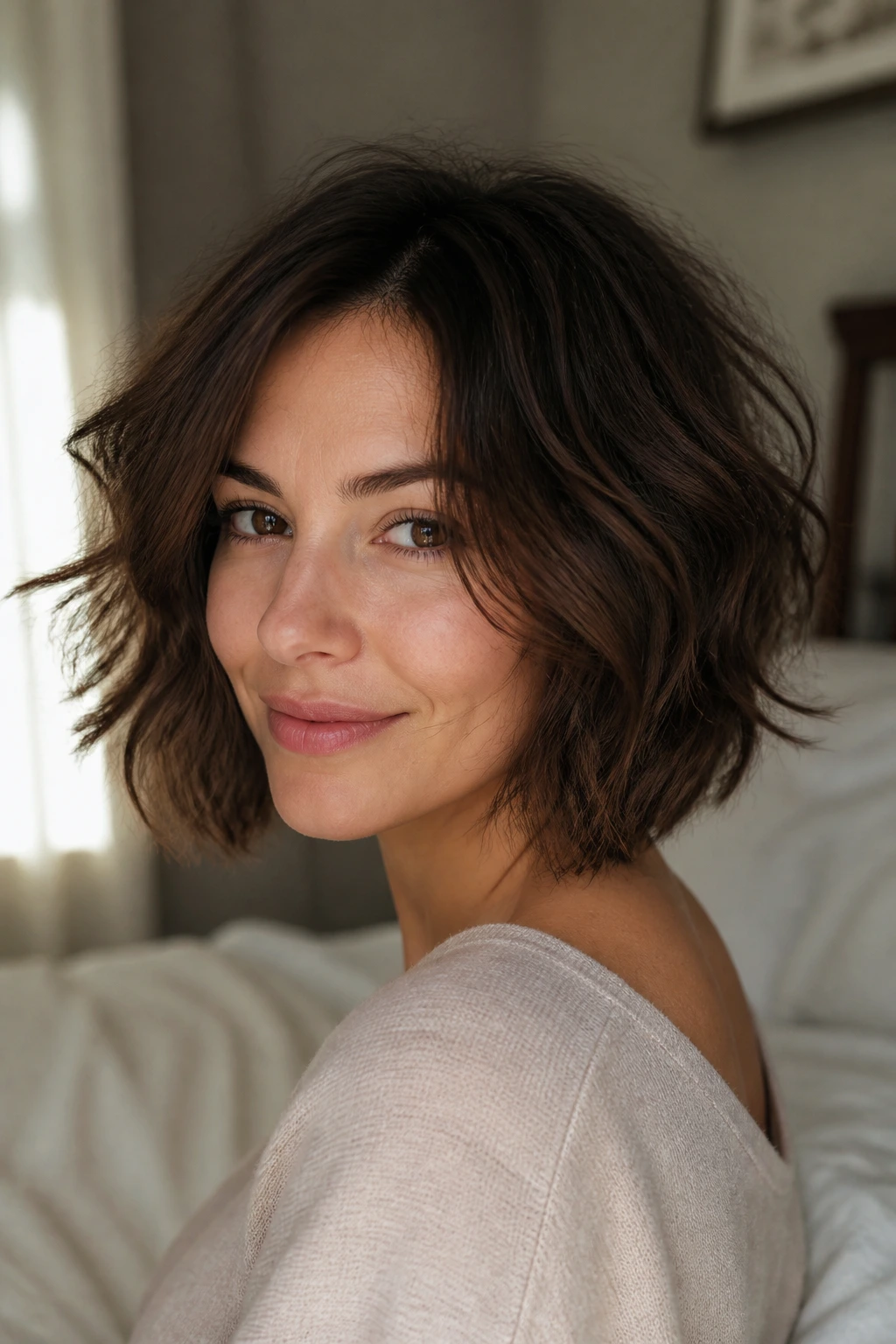 Close-up of a real woman with a low-maintenance tousled bob between jaw and collarbone