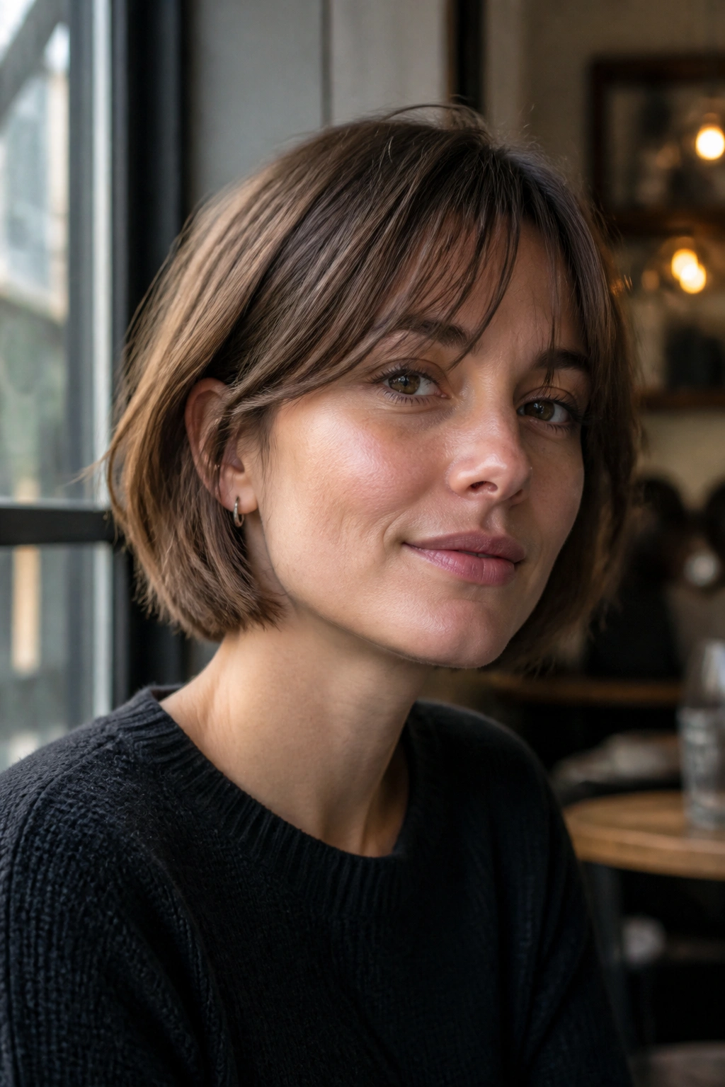 Close-up of a real woman with grow-out bangs and French bob in soft daylight