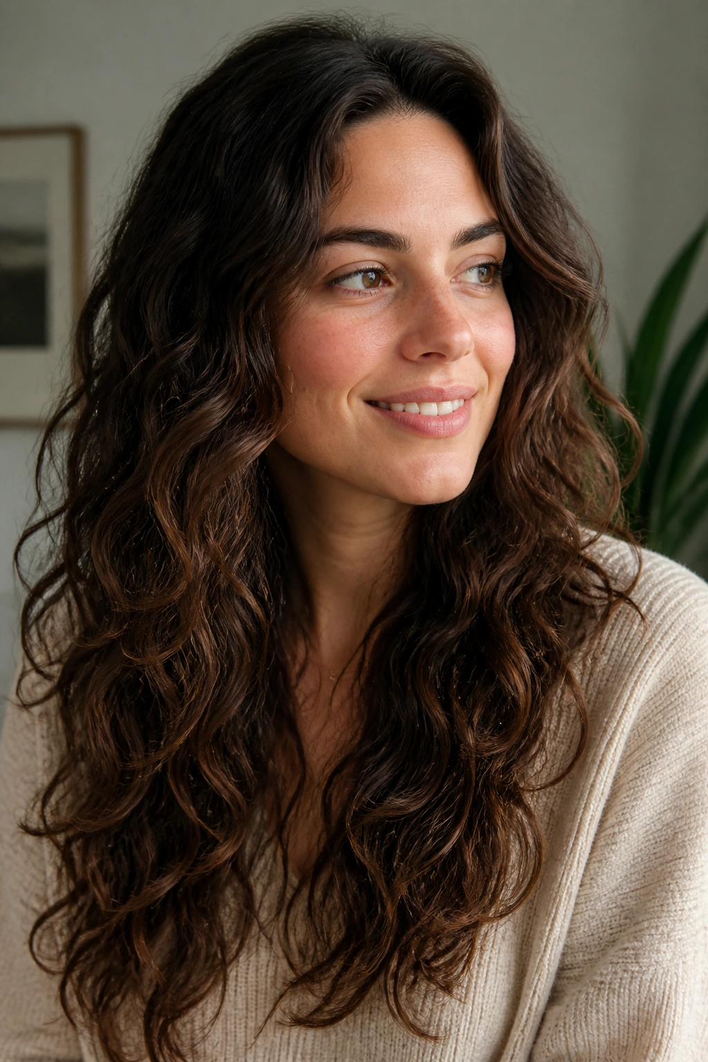 Real person with low-fuss long layers on 2c hair in natural light