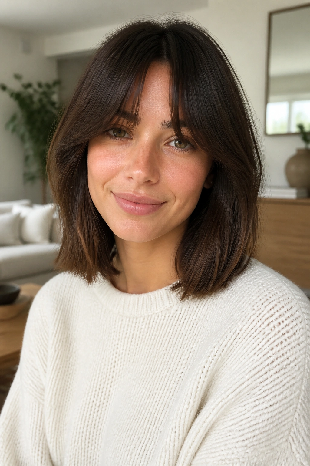 Close-up portrait of a real woman with a low-maintenance long bob and curtain bangs in a bright living room