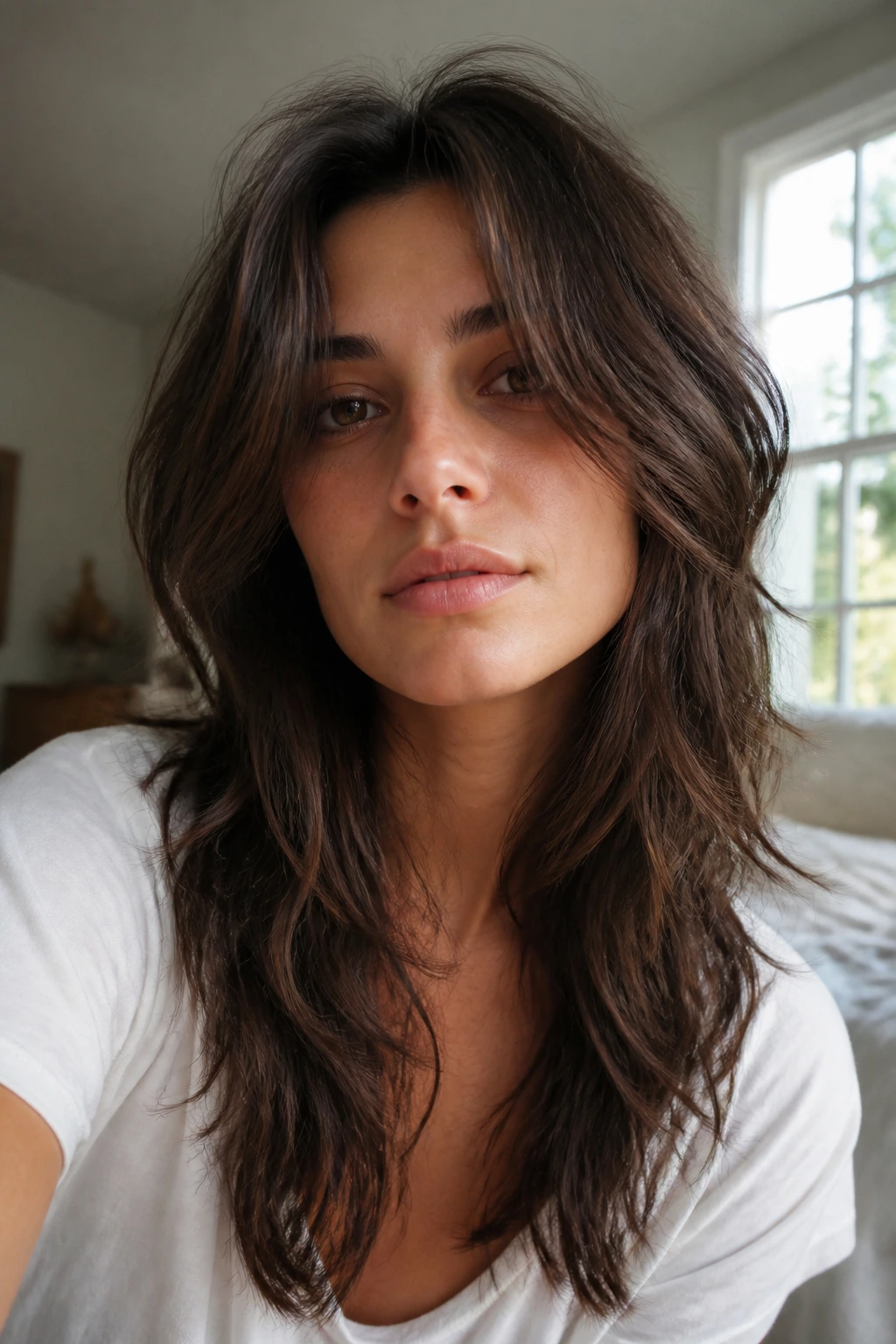 Close-up portrait of a real person with a low-maintenance long shag in a sunlit room