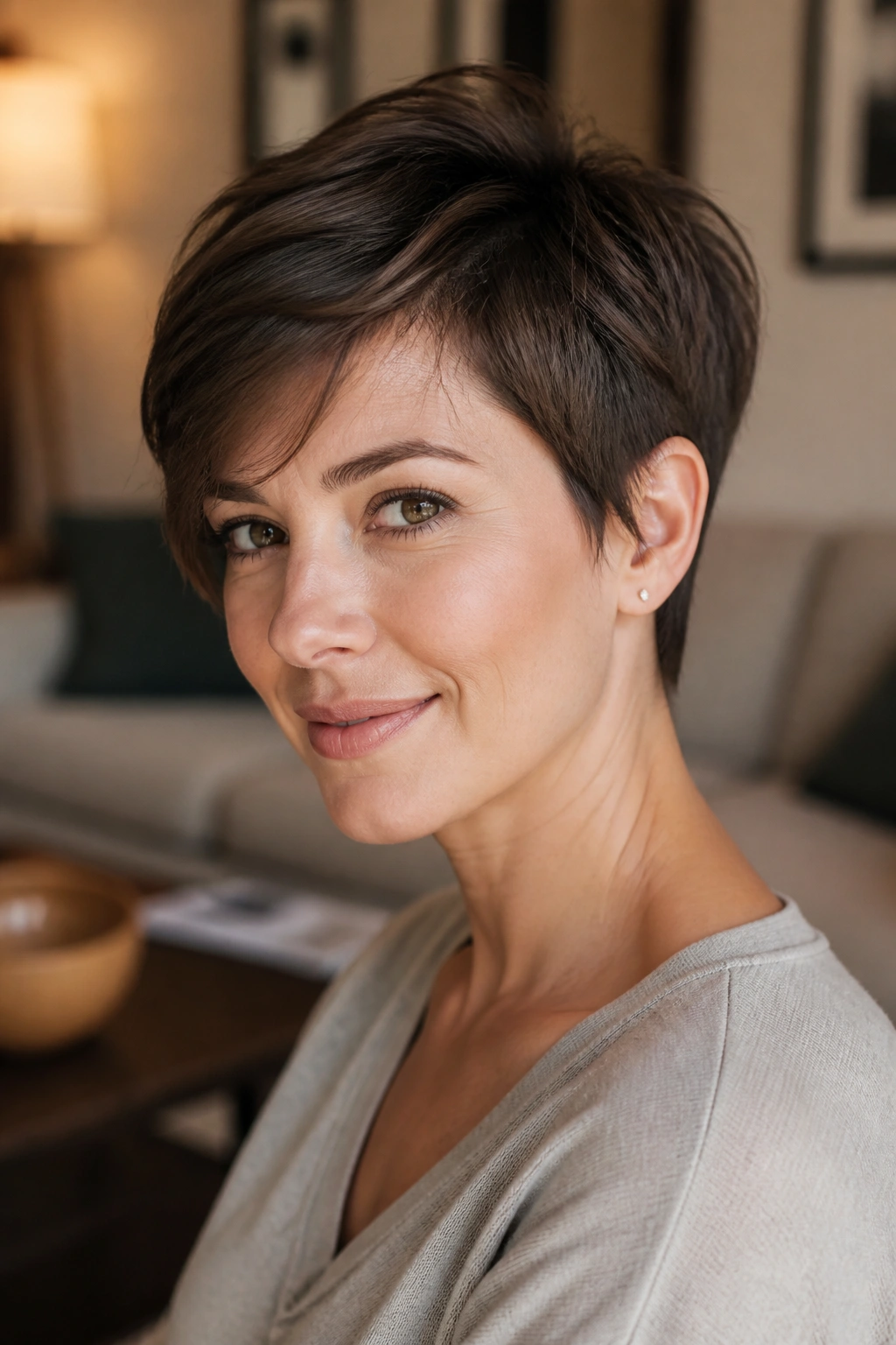 Close-up portrait of a real woman with a low-maintenance long pixie that grows out well, layered top