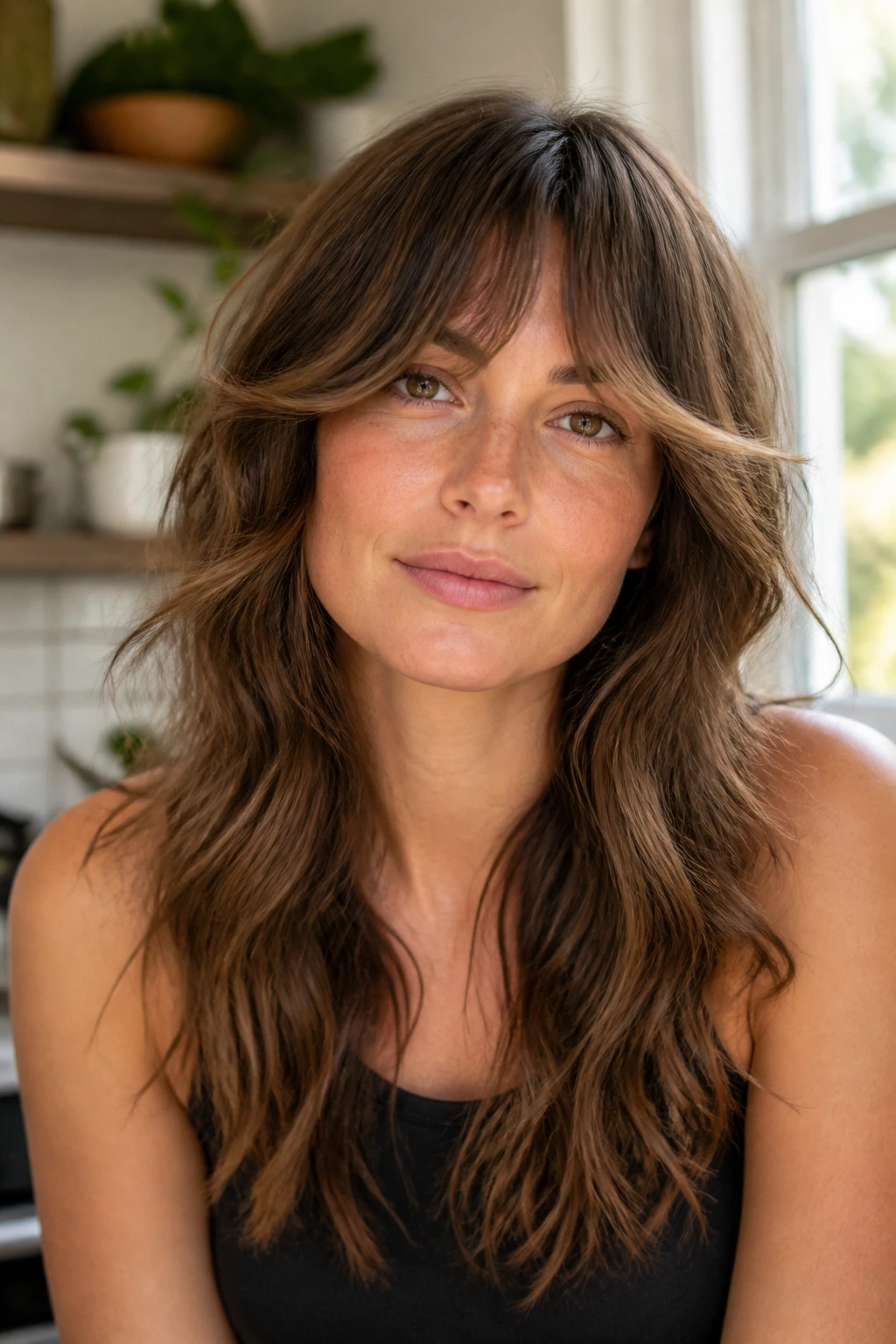 Close-up portrait of a real woman with a low-maintenance shag featuring long blended layers.