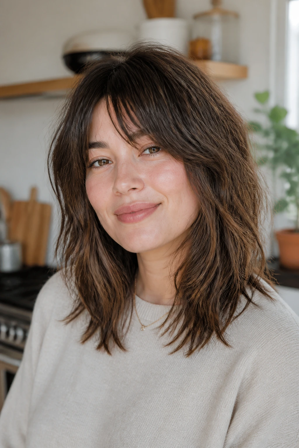 Close-up of a real woman with a low-maintenance shag showing easy growth-out and blended layers