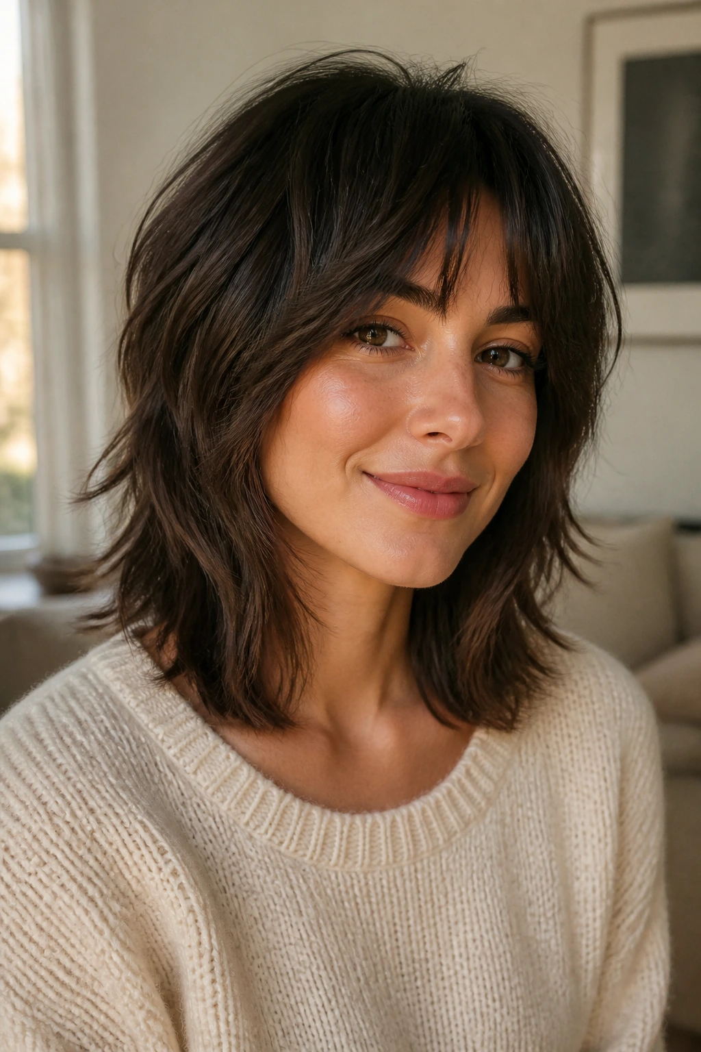 Close-up portrait of a real woman with a shoulder-length low-maintenance shag featuring soft layers