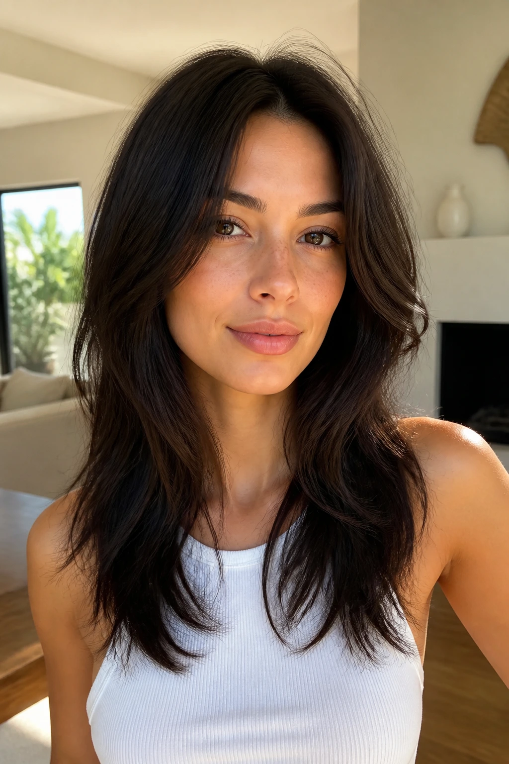 Close-up portrait of a real person with a long, low-maintenance shag without bangs