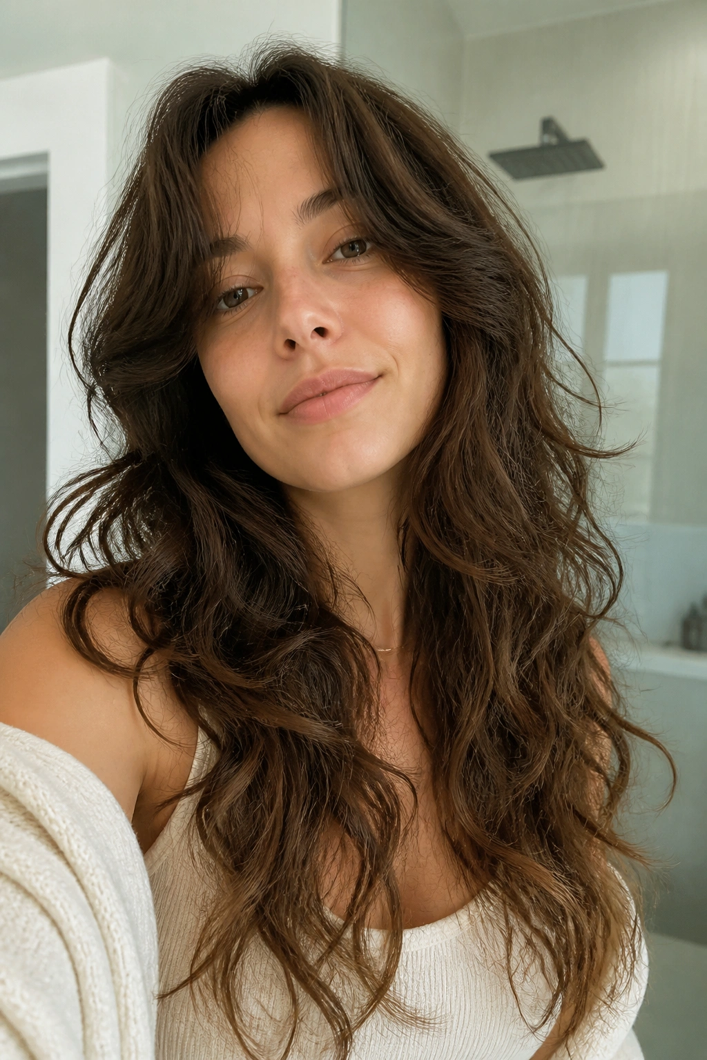 Close-up of a real person with low-maintenance shag perm and air-dry waves