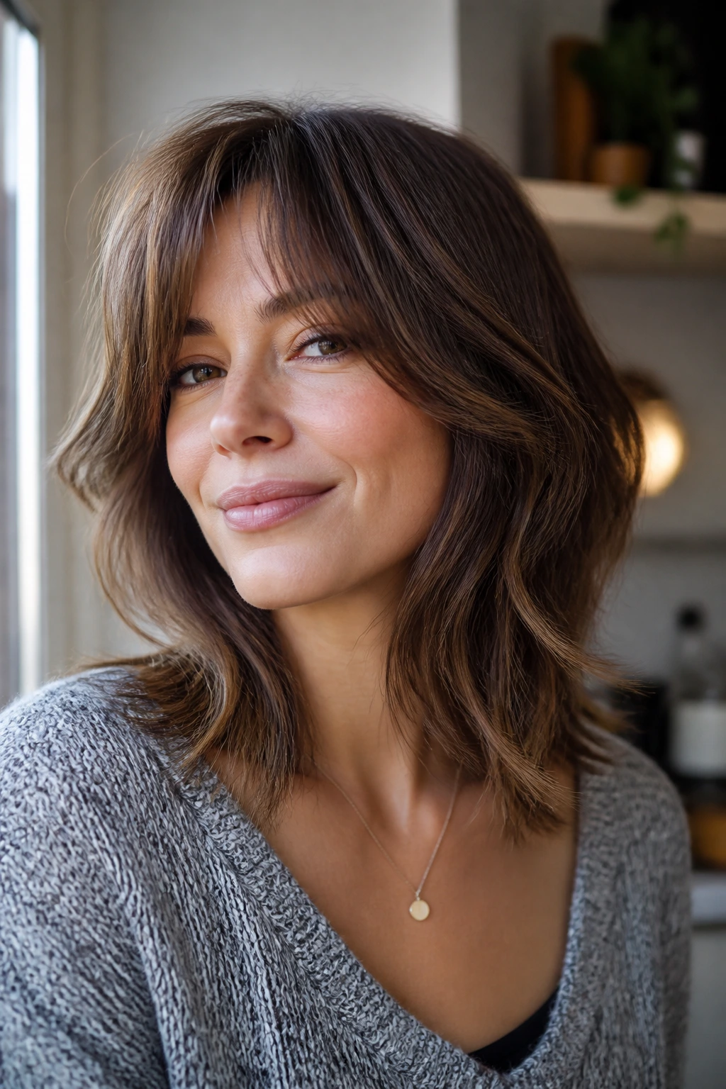 Close-up of a real woman with a low-maintenance soft shag under natural window light.