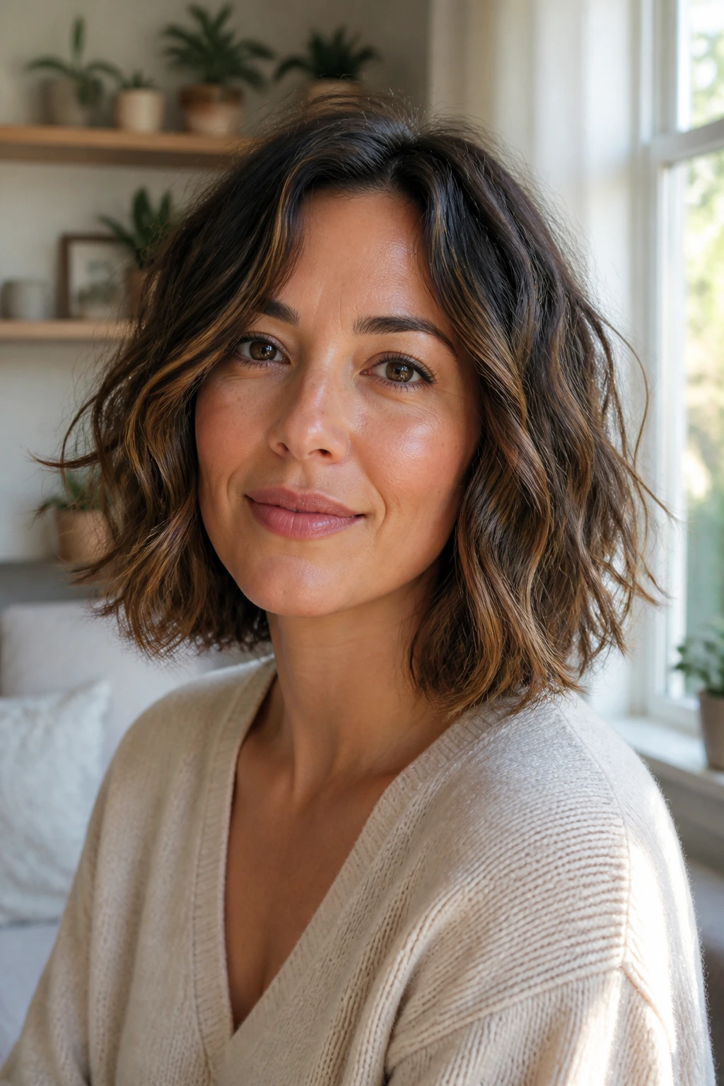 Real person with low-maintenance wavy bob, chin-to-collarbone length