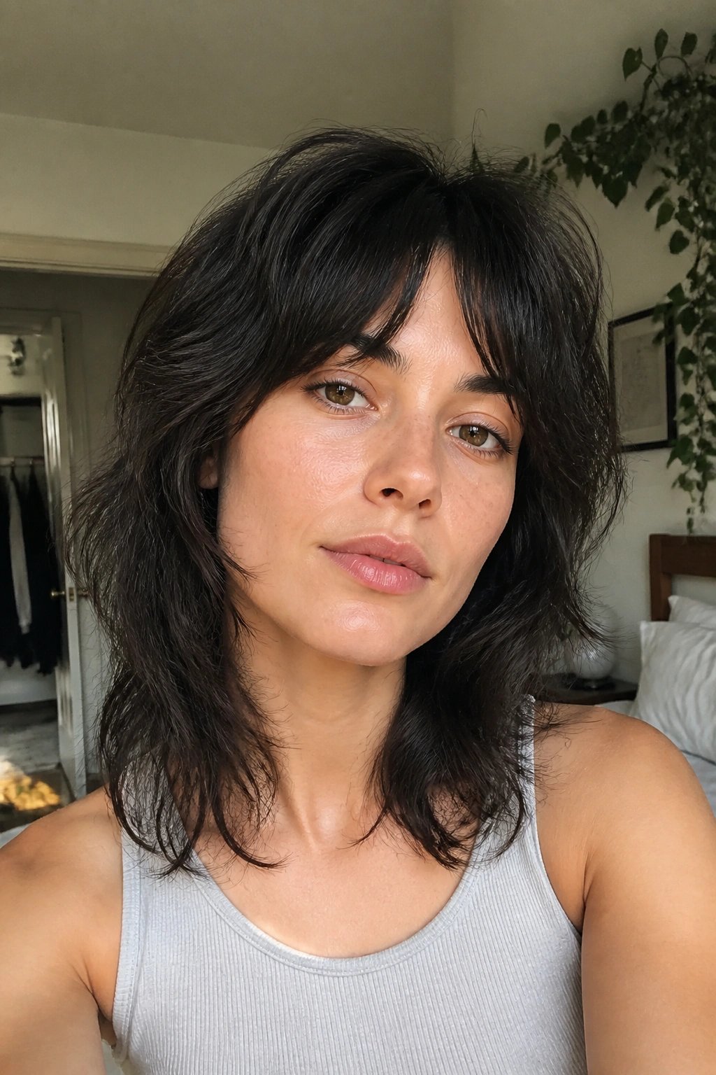 Close-up of a real woman with low-maintenance wolf cut and minimal styling