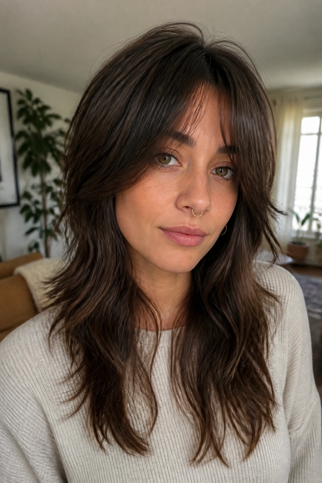 Close-up portrait of a real person with low-maintenance wolf cut grow-out curtain bangs