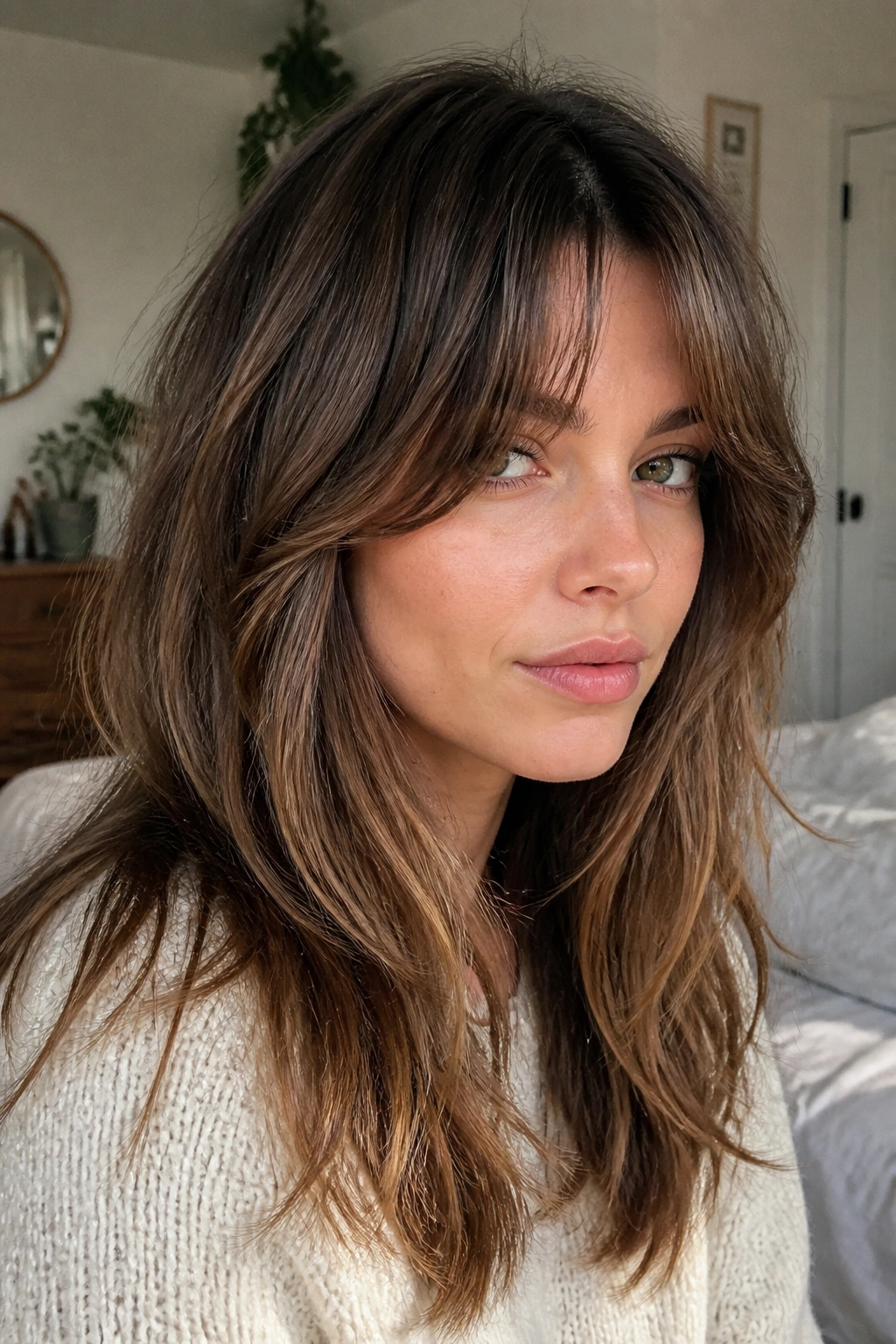 Close-up portrait of a real person with low-maintenance wolf cut and grow-out friendly bangs.