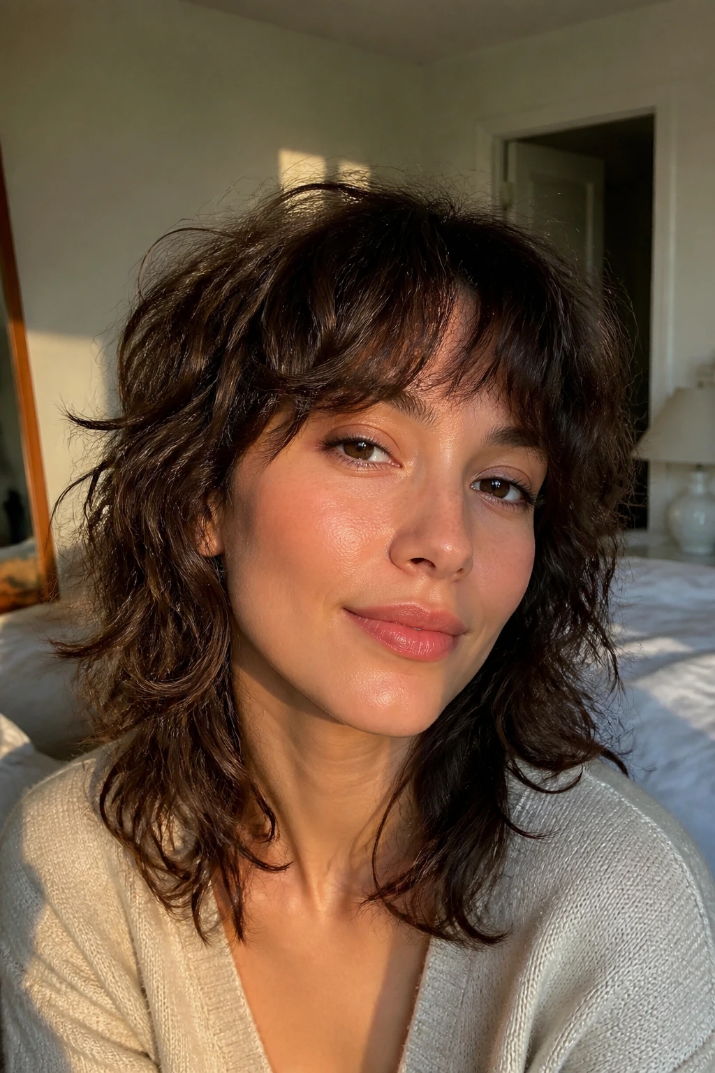 Real person with low-maintenance wolf cut and minimal bangs in warm morning light