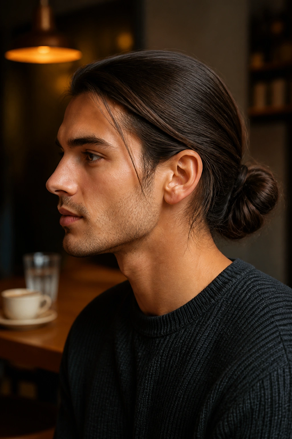 Close-up of man with a low bun hairstyle in long straight hair