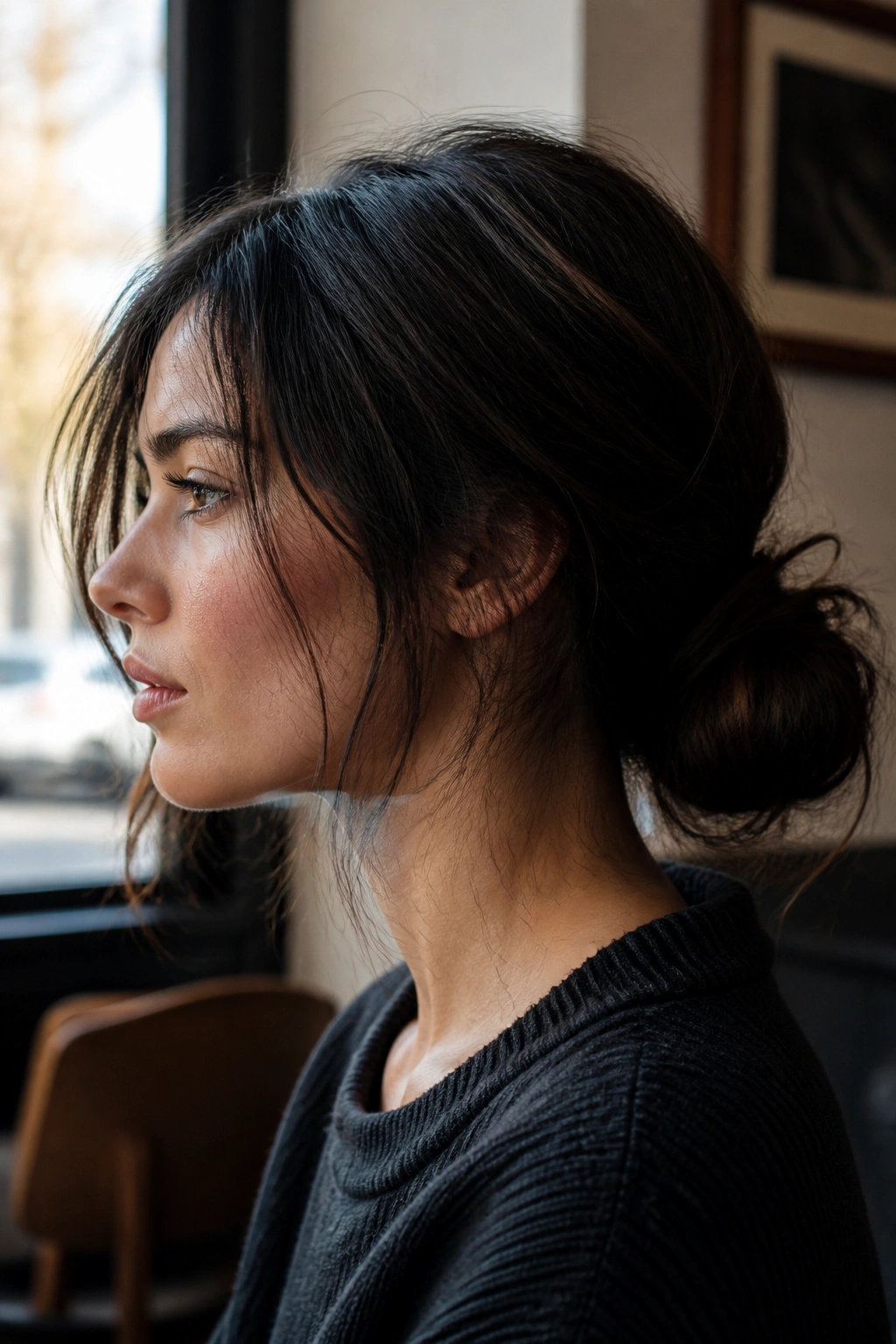 Side-profile of a real woman with a low messy bun and flyaways.