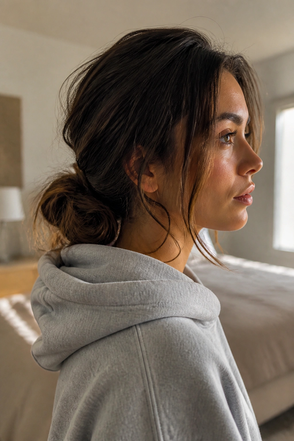 Real woman with a low messy bun under hoodie collar, soft face-framing pieces