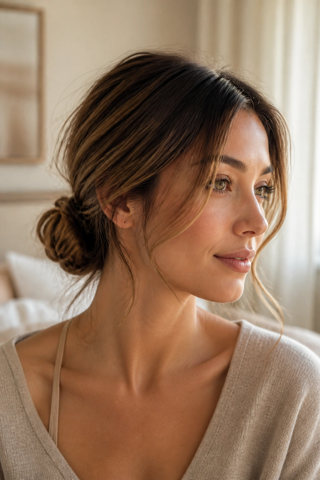 Portrait of a woman with a low messy bun and loose front pieces.