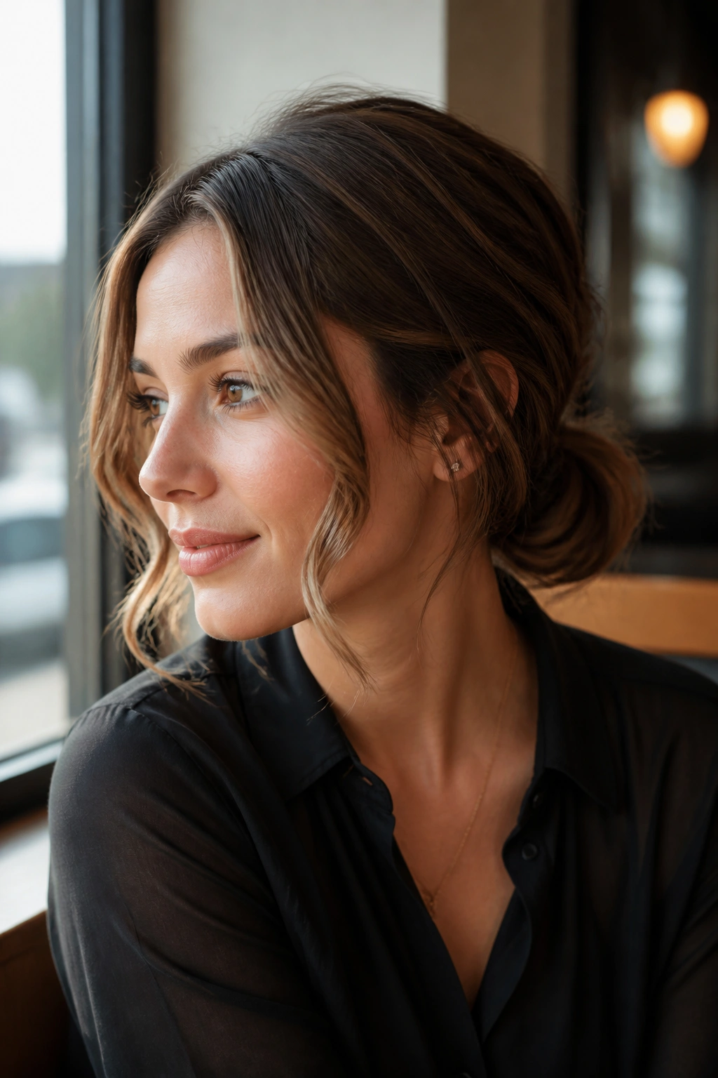 Close-up of a real person with a low messy bun and face-framing waves