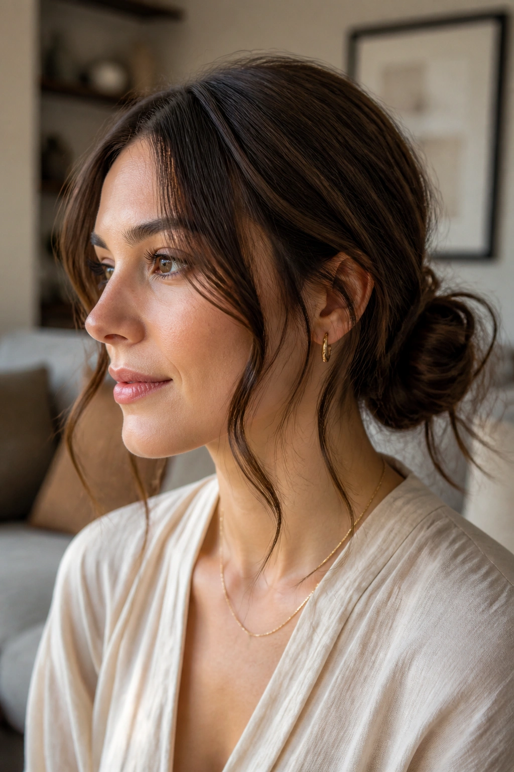Close-up of a real woman with a low messy bun and wavy tendrils around the face in soft light.