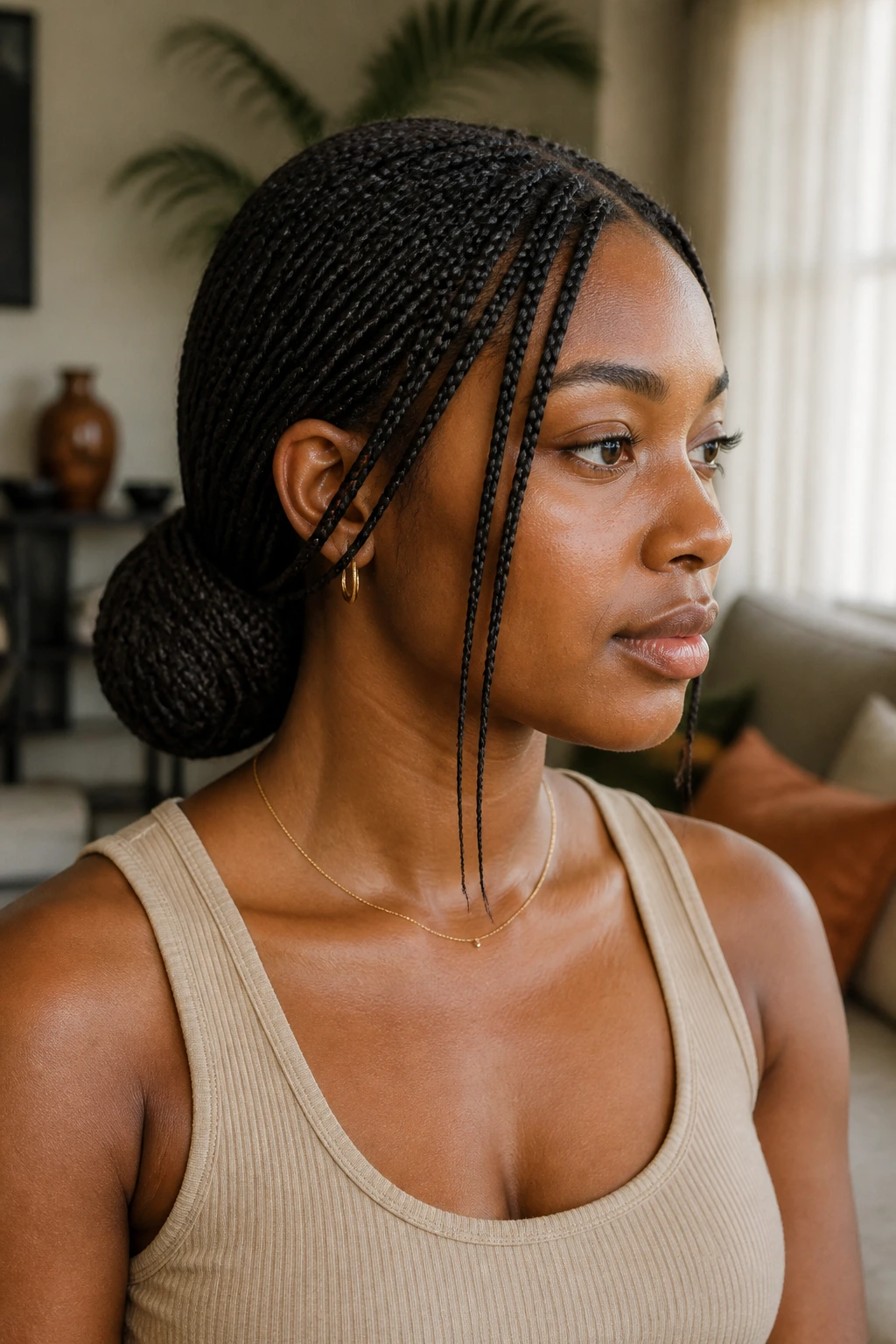 Real woman with a low micro braid bun at the nape, face-framing braids visible.
