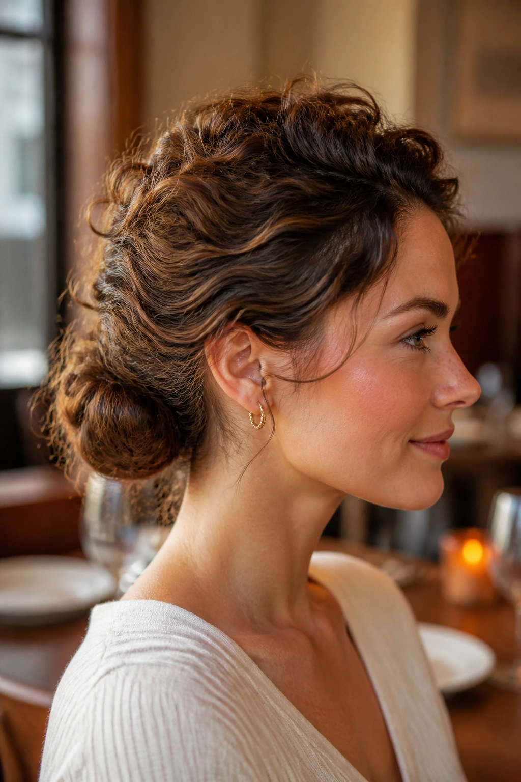Close-up portrait of a real woman with low nape bun and puffy crown