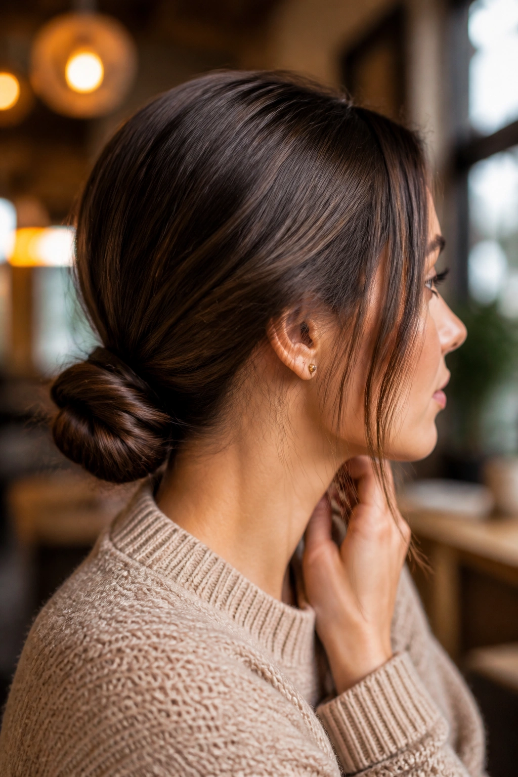 Close-up portrait of a person with a low nape top knot at the back of the head