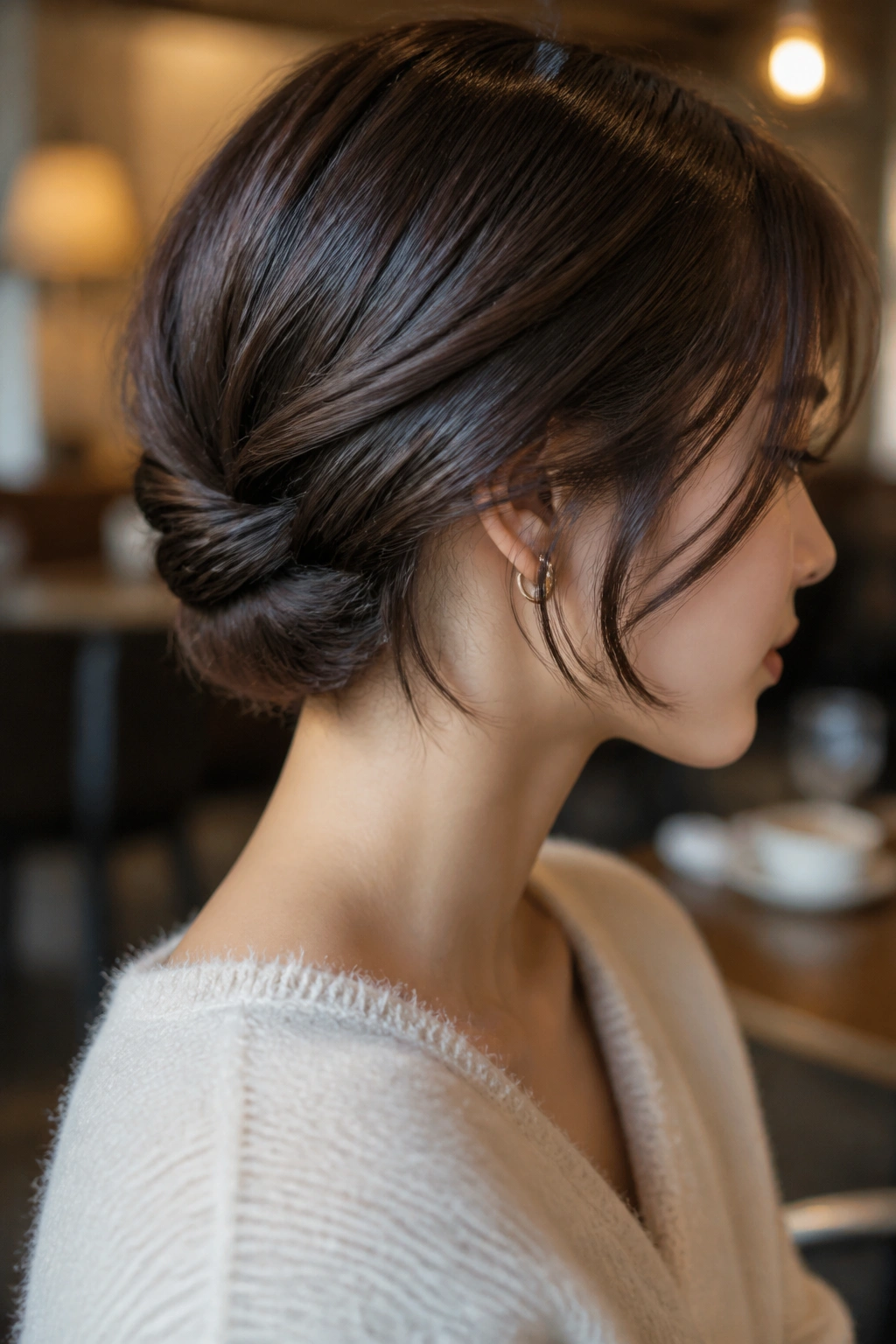 Real person wearing a low nape twist on bob-length hair