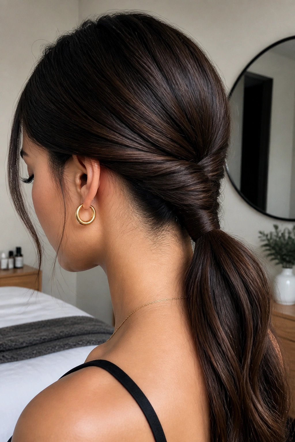 Close-up portrait of a real woman with a low-nape twist ponytail in soft daylight