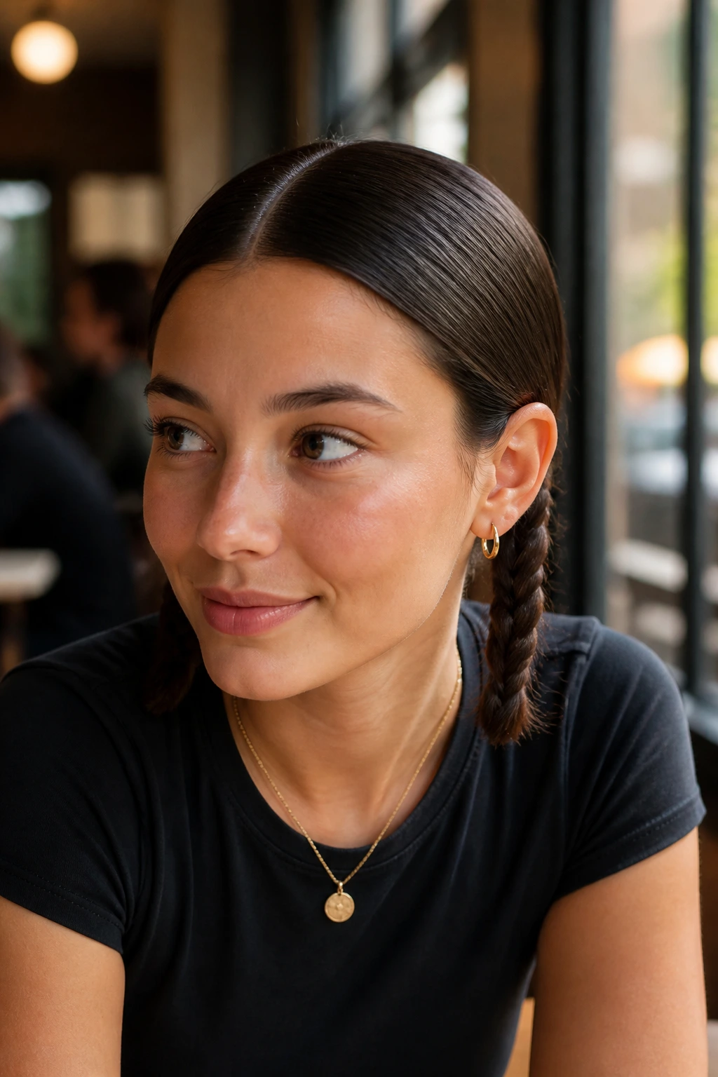 Real woman with low pigtail braids and a clean center part seen from the front