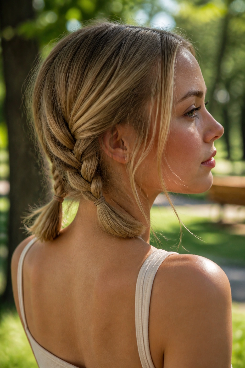 Close-up of a real person with two low pigtail braids along the nape
