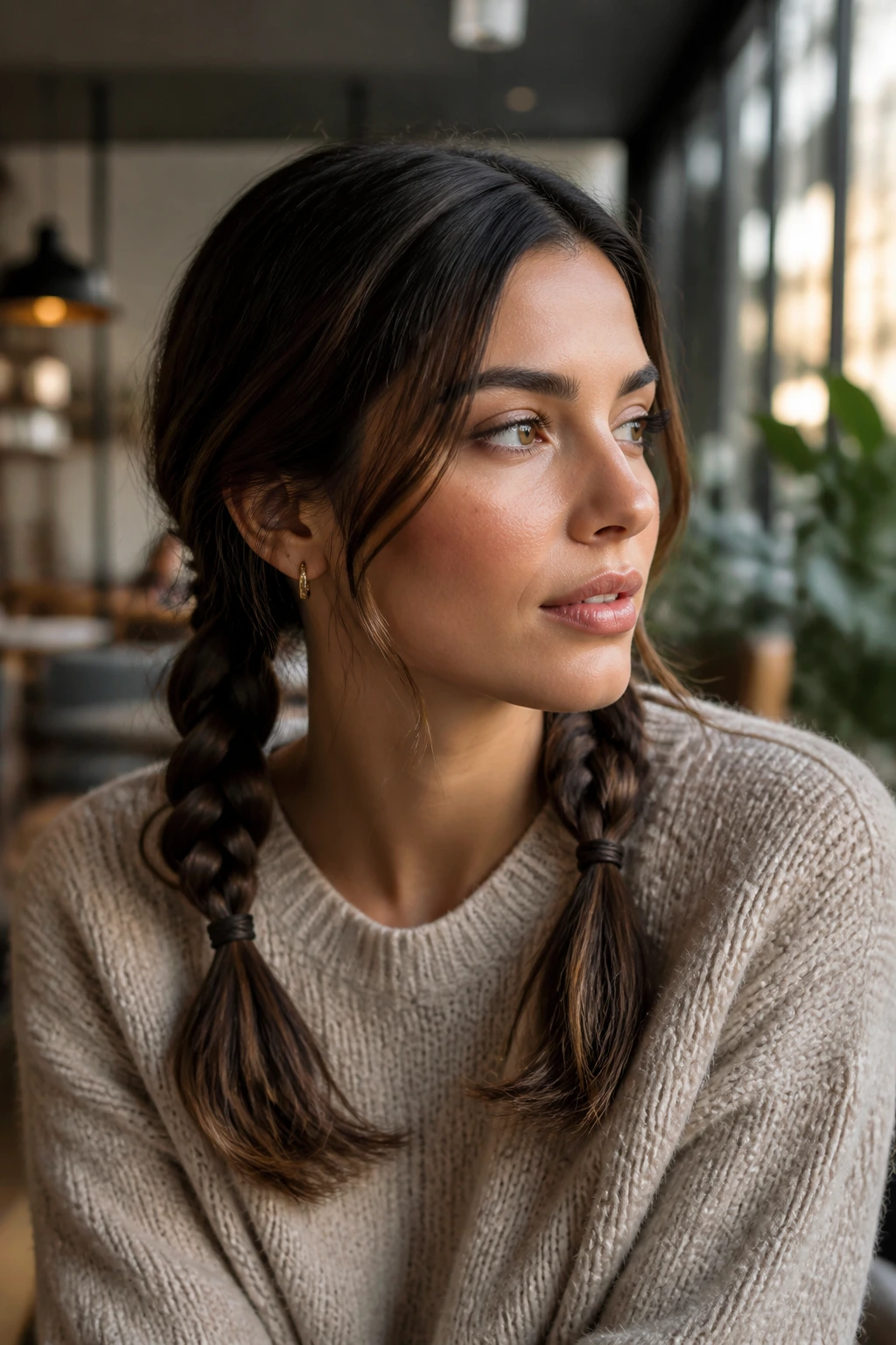 Close-up of a real woman with low pigtail braids at the nape