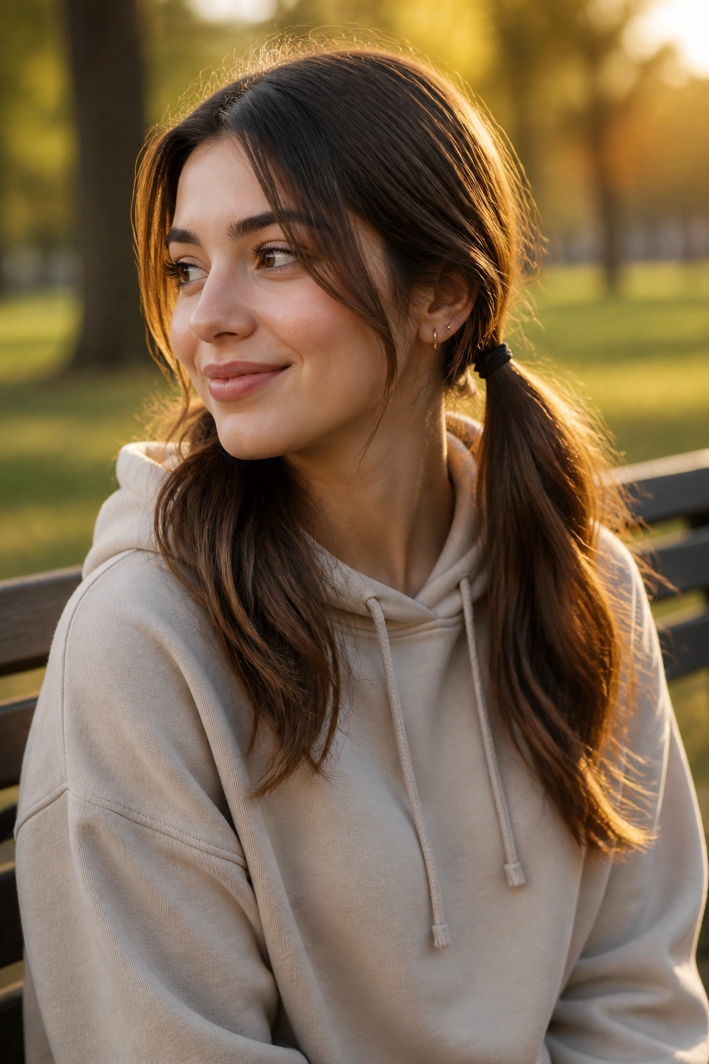 Three-quarter view of a woman wearing a hoodie with low pigtails and soft ends in a sunlit park