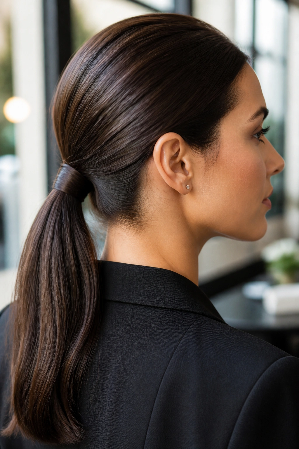 Real woman with low polished ponytail and wrapped base in brunette hair.