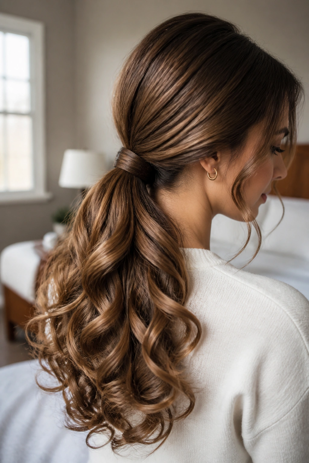 Close-up of a woman with a low pony wrapped curls at the nape