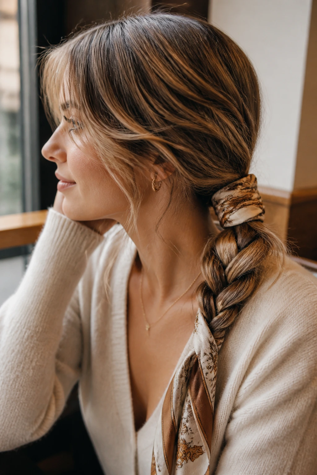 Woman with a low braided ponytail tied with a scarf in natural daylight