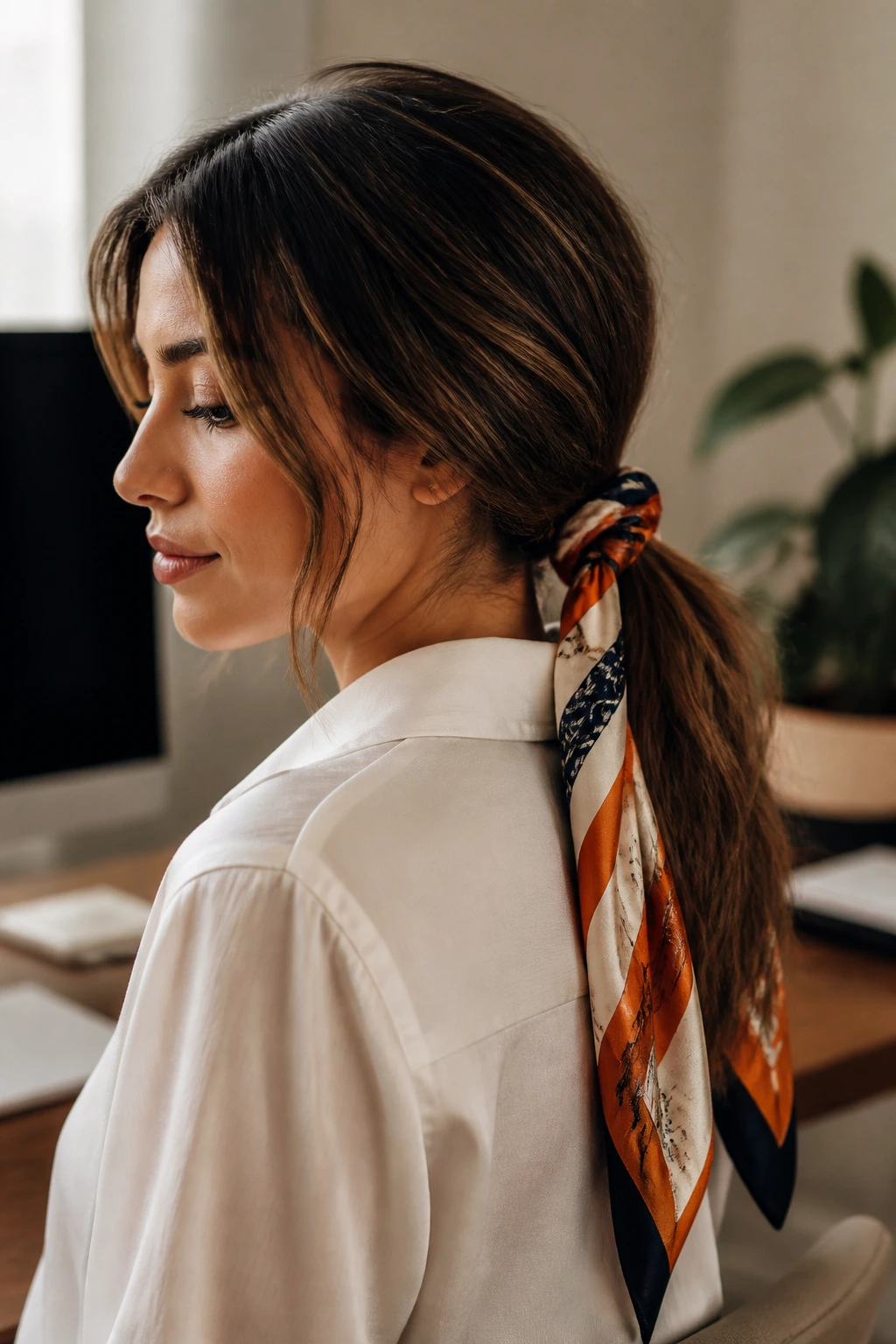 Close-up of a real woman with a low ponytail wrapped by a silk scarf.