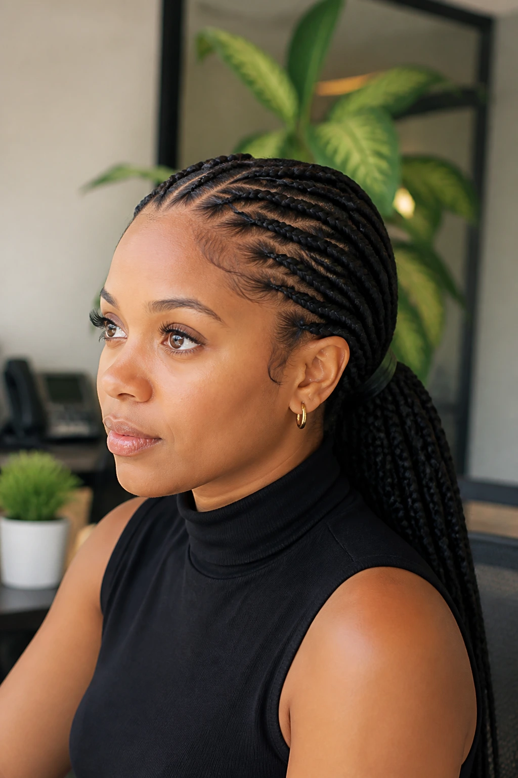 Real woman with a low ponytail box braids and crisp front parts
